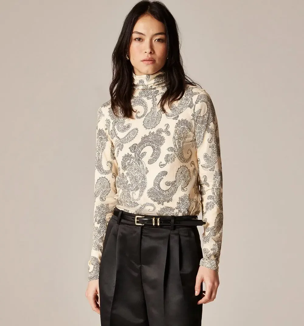 J. Crew Feather Jersey Turtleneck Top in Paisley Candlelight CP723 Size XXS
